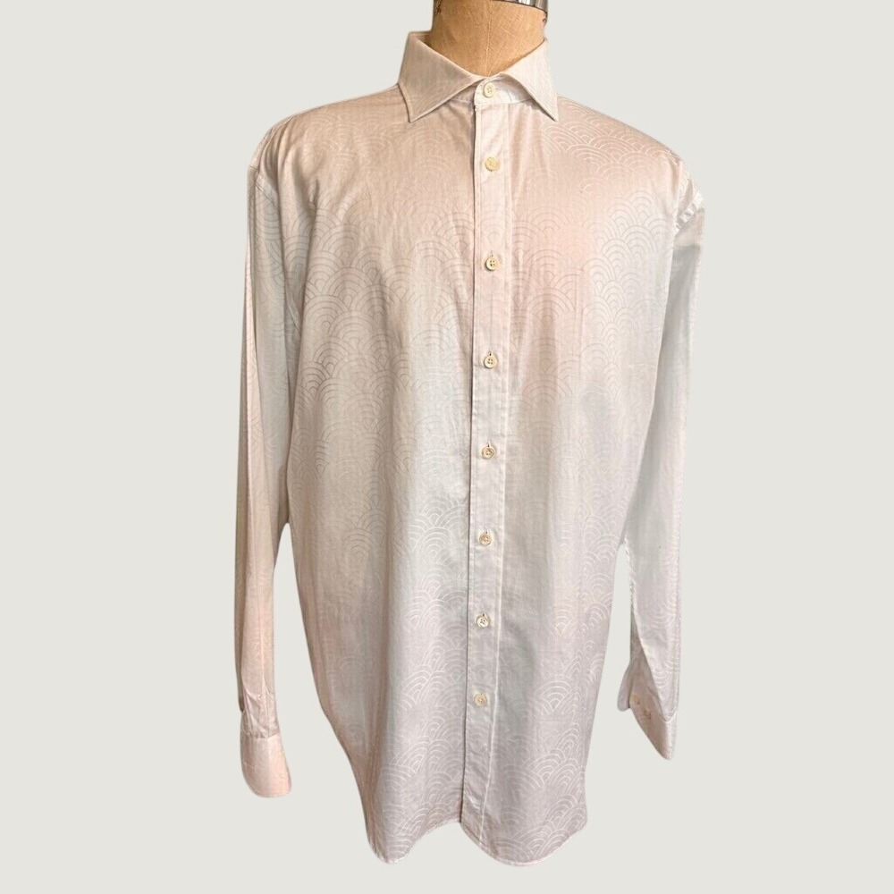 Bugatchi Mens Classic Fit White Tonal Jacquard Wave Button Down Shirt L